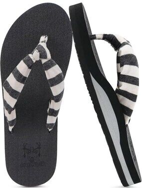 Women Black White Yoga Mat Arch Support Flip Flops Fabric Straps Knotted Sandal